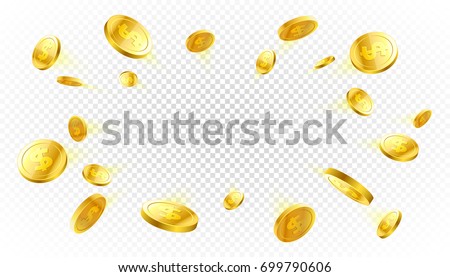 Explosion of gold coins with place for text on transparent background, vector illustration