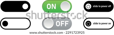 Switch toggle button On Off vector isolated icon collection. Power switch icons. On and Off Toggle Switch Buttons with Lettering Modern Devices User Interface Mockup.