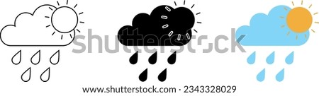 Cloud with rain and sun different style icon set. Line, glyph and filled outline colorful version. Vector ilustration