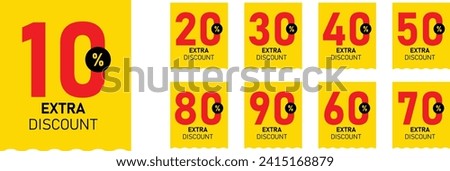 Yellow Extra discount sticker, badge, label, banner set. Discount label with 30, 10, 20, 40, 50, 60, 70, 80, 90 percent off. Price reduction with different discount amount. Vector illustration