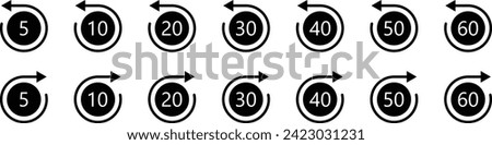 10 to 60 seconds rewind and fast forward icon, symbol. Audio or video player playback buttons, symbol, signs collection. Vector illustration