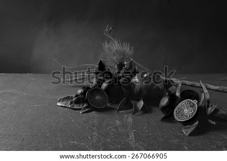 Black fruit composition. Decay still life with black lemons, black oranges, black leaves and black pomegranate on a grunge table. Dark background. Memento moris concept.