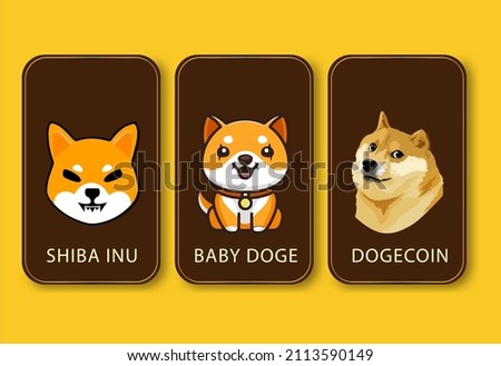 Icon set Doge coins card, Doge coin, shiba inu (SHIB), Baby Doge, Doge meme crypto currency. vector eps10