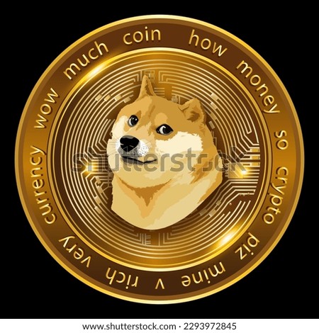  Dogecoin DOGE cryptocurrency golden currency symbol coin isolated on black background.