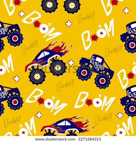 Monster truck  cartoon pattern design .monster truck pattern for kids clothing, printing, fabric ,cover.Monster car seamless pattern.Monster truck on yellow background.