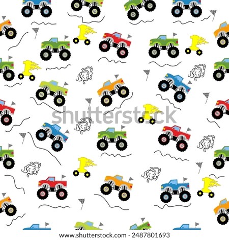 Monster truck  cartoon pattern design .monster truck pattern for kids clothing, printing, fabric ,cover.Monster car seamless pattern.Monster truck on yellow background.