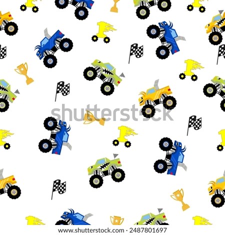 Monster truck  cartoon pattern design .monster truck pattern for kids clothing, printing, fabric ,cover.Monster car seamless pattern.fun pattern