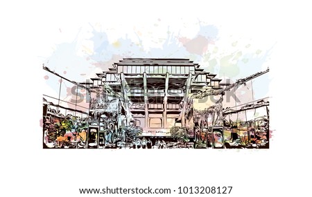 San Diego, City in California, USA. Watercolor splash with hand drawn sketch illustration in vector.