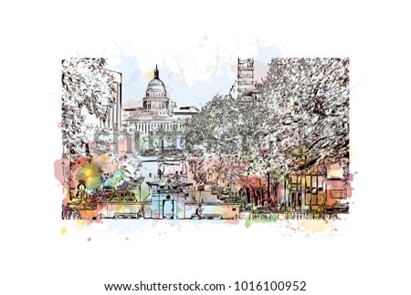 Texas State Capitol Building Austin, Texas  USA. Watercolor splash with hand drawn sketch illustration in vector.