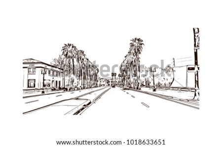 Street view with downtown area at San Jose City in California, USA. Hand drawn sketch illustration in vector.