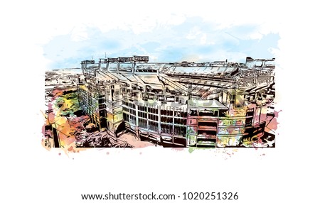 A multi-purpose football stadium in Baltimore, City in Maryland, USA. Watercolor splash with Hand drawn sketch illustration in vector.