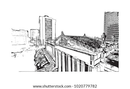 The Parthenon in Centennial Park in Nashville, Tennessee, USA. Hand drawn sketch illustration in vector.