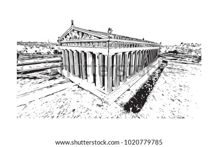 The Parthenon in Centennial Park in Nashville, Tennessee, USA. Hand drawn sketch illustration in vector.