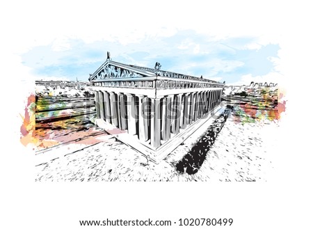 The Parthenon in Centennial Park in Nashville, Tennessee,USA. Watercolor splash with hand drawn sketch illustration in vector.