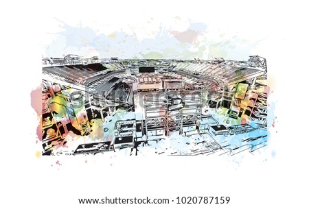 Stadium in Nashville, Tennessee,USA. Watercolor splash with hand drawn sketch illustration in vector.