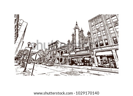 Buildings view of Louisville City in Kentucky, USA. Hand drawn sketch illustration in vector.