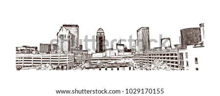 Buildings view of Louisville City in Kentucky, USA. Hand drawn sketch illustration in vector.