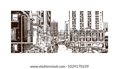 Buildings view of Louisville City in Kentucky, USA. Hand drawn sketch illustration in vector.