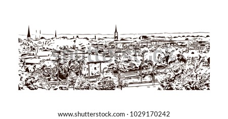 Buildings view of Louisville City in Kentucky, USA. Hand drawn sketch illustration in vector.