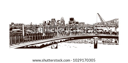 Buildings view of Louisville City in Kentucky, USA. Hand drawn sketch illustration in vector.