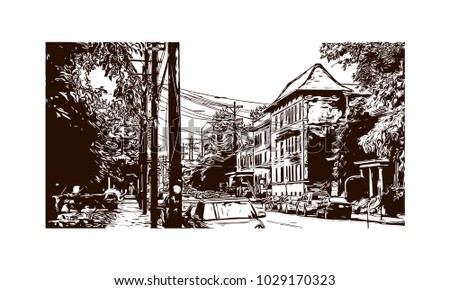 Buildings view of Louisville City in Kentucky, USA. Hand drawn sketch illustration in vector.