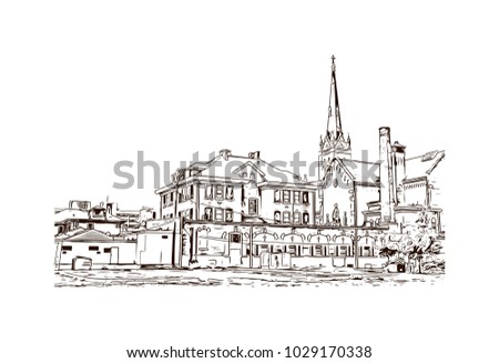 Buildings view of Louisville City in Kentucky, USA. Hand drawn sketch illustration in vector.