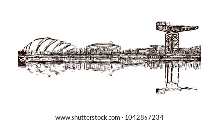 Building view and landmark of Glasgow City in Scotland. Glasgow is a port city on the River Clyde in Scotland's western Lowlands. Hand drawn sketch illustration in vector.