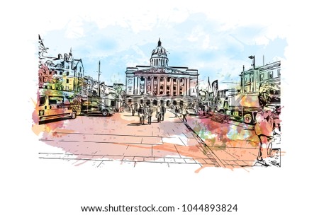 Nottingham City in England. Watercolor splash with hand drawn sketch illustration in vector.