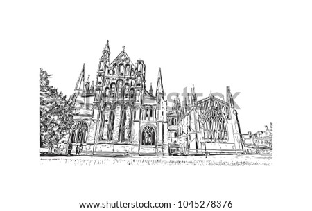 Buildings view of Cambridge City in England, UK. Hand drawn sketch illustration in vector.