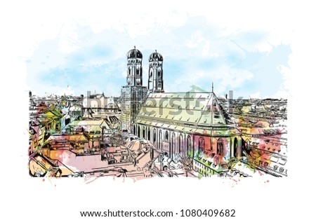 Landmark with building view and street view of Munich, City in Germany. Watercolor splash with hand drawn sketch illustration in vector.