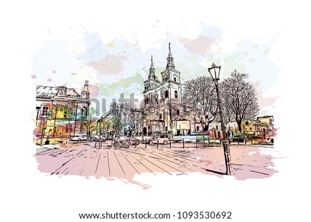 Landmark with building view of Krakow, City in Poland. Watercolor splash with Hand drawn sketch illustration in vector.