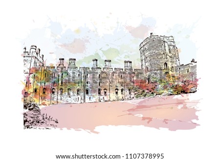 Windsor is a town on the River Thames in southeast England, just west of London. Watercolor splash with Hand drawn sketch illustration in vector.