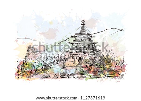 Landmark building of Bhutan Country in South Asia. Watercolor splash with Hand drawn sketch illustration in vector.