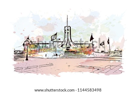 Landmark building of Tunis is the sprawling capital of Tunisia, a country in North Africa. Watercolor splash with Hand drawn sketch illustration in vector.