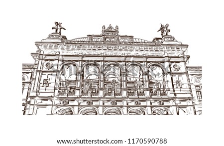 Landmark building view of Vienna, Austria’s capital, lies in the country’s east on the Danube River. Hand drawn sketch illustration in vector