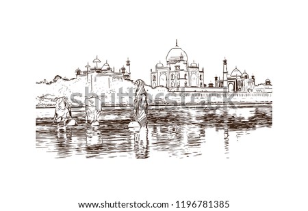 The Taj Mahal is an ivory-white marble mausoleum on the south bank of the Yamuna river in the Indian city of Agra. Hand drawn sketch illustration in vector.