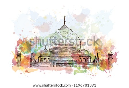 The Taj Mahal is an ivory-white marble mausoleum on the south bank of the Yamuna river in the Indian city of Agra. Watercolor splash with Hand drawn sketch illustration in vector.