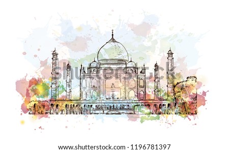 The Taj Mahal is an ivory-white marble mausoleum on the south bank of the Yamuna river in the Indian city of Agra. Watercolor splash with Hand drawn sketch illustration in vector.