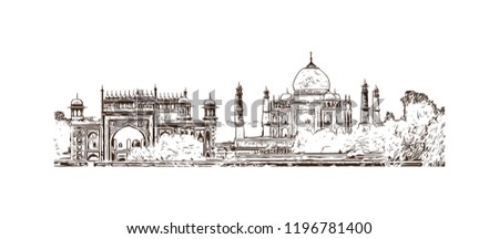 The Taj Mahal is an ivory-white marble mausoleum on the south bank of the Yamuna river in the Indian city of Agra. Hand drawn sketch illustration in vector.