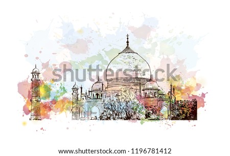 The Taj Mahal is an ivory-white marble mausoleum on the south bank of the Yamuna river in the Indian city of Agra. Watercolor splash with Hand drawn sketch illustration in vector.