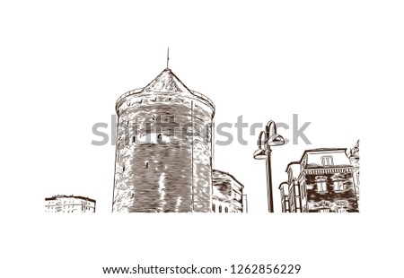 Building view with landmark of Gdansk (Danzig in German) is a port city on the Baltic coast of Poland. Hand drawn sketch illustration in vector.