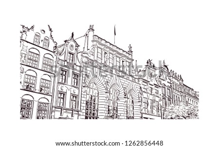 Building view with landmark of Gdansk (Danzig in German) is a port city on the Baltic coast of Poland. Hand drawn sketch illustration in vector.