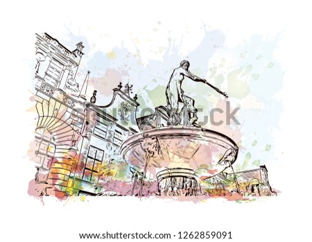 Building view with landmark of Gdansk (Danzig in German) is a port city on the Baltic coast of Poland. Watercolor splash with Hand drawn sketch illustration in vector.