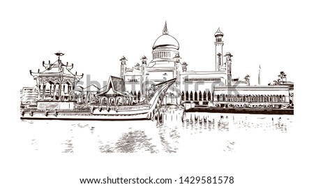 Building view with landmark of Bandar Seri Begawan is the capital of Brunei, a tiny nation on the island of Borneo. Hand drawn sketch illustration in vector.