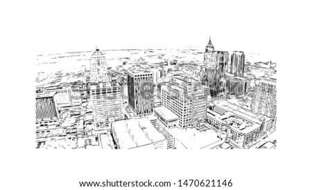 Building view with landmark of Raleigh is the capital city of North Carolina. Hand drawn sketch illustration in vector.