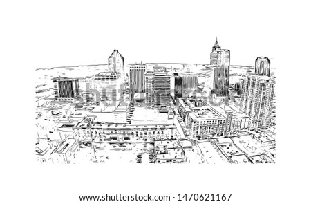 Building view with landmark of Raleigh is the capital city of North Carolina. Hand drawn sketch illustration in vector.