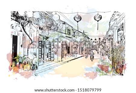 Building view with landmark of Hoi An is a city on Vietnam’s central coast known for its well-preserved Ancient Town. Watercolor splash with Hand drawn sketch illustration in vector.