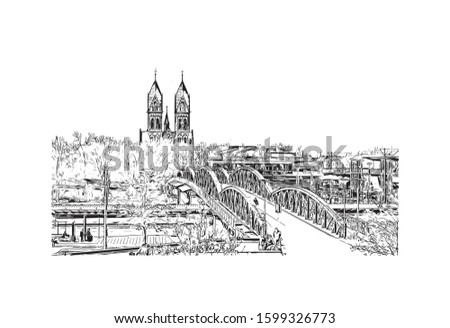 Building view with landmark of Freiburg im Breisgau, a vibrant university city in southwest Germany. Hand drawn sketch illustration in vector.