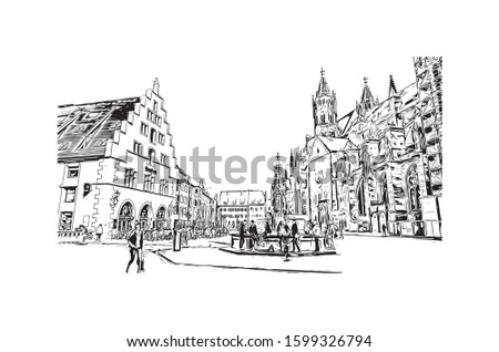 Building view with landmark of Freiburg im Breisgau, a vibrant university city in southwest Germany. Hand drawn sketch illustration in vector.