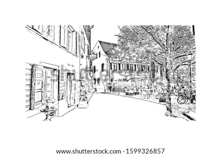 Building view with landmark of Freiburg im Breisgau, a vibrant university city in southwest Germany. Hand drawn sketch illustration in vector.